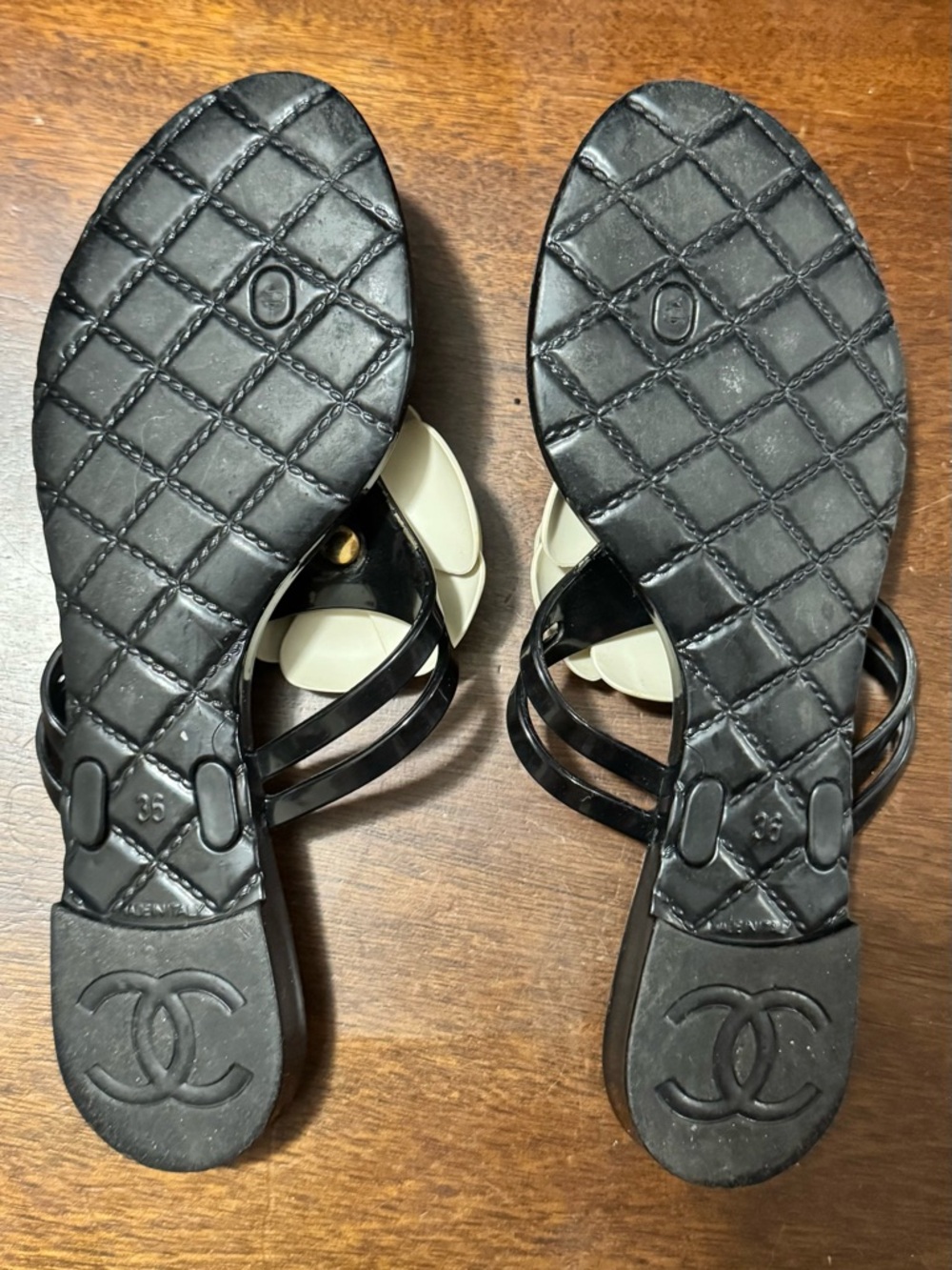 CHANEL Black Jelly Sandals with Cream Camellia Accents - Picture 2 of 5